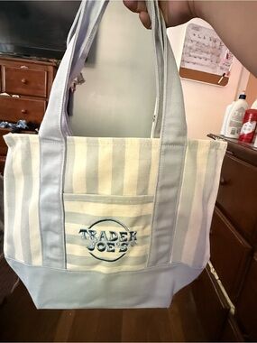 Trader Joe's blue striped canvas tote bag